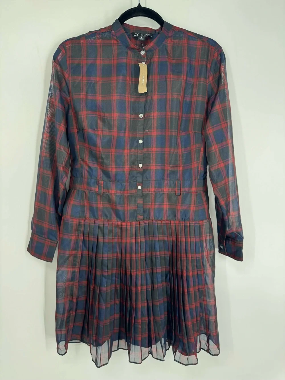 NWT J. Crew Pleated Shirt Dress Navy Red Multi Stewart Tartan Print Pleated Sz 4